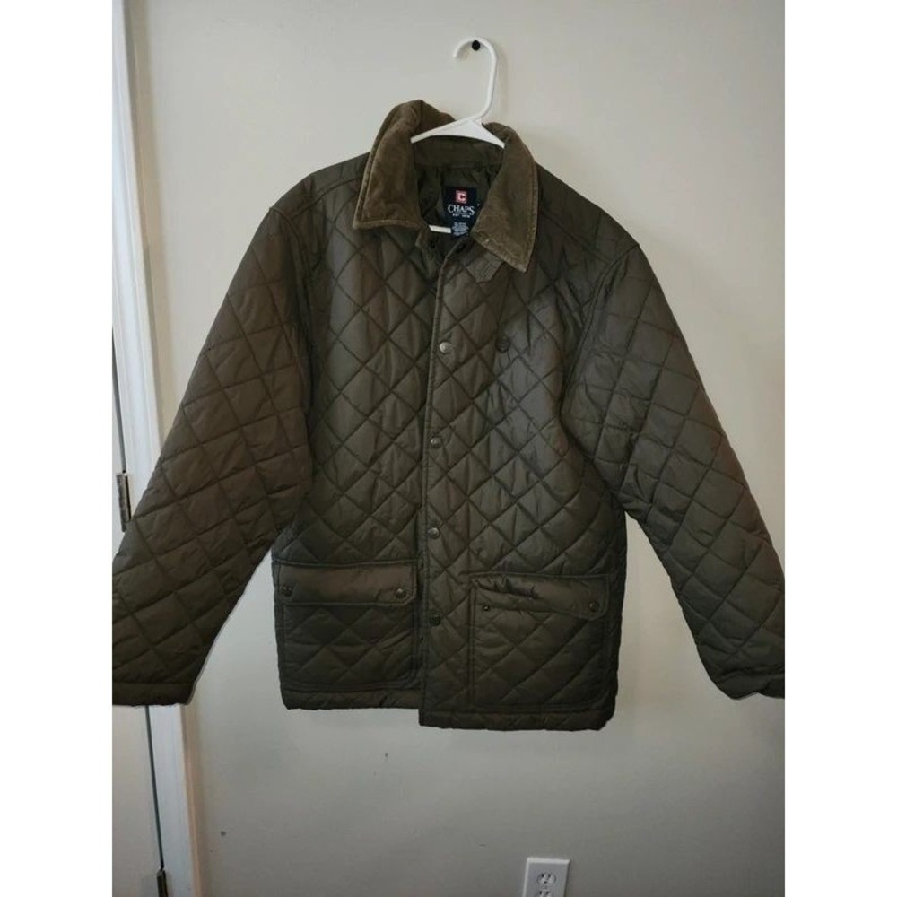 Chaps Jacket Size Med. Mens Quilted Olive Green Corduroy Collar Snap Front Coat
